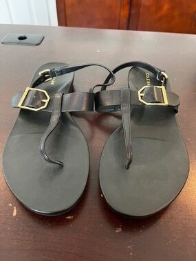 Cole Haan Laides Black Sandals with Gold Buckle. Size 8